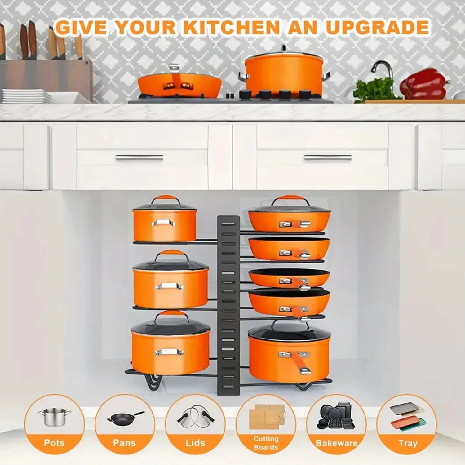 Space-Saving 8-Tier Pot Rack Organizer - Durable Metal Holder for Pans, Pots, and Lids to Keep Your Kitchen Neat and Tidy