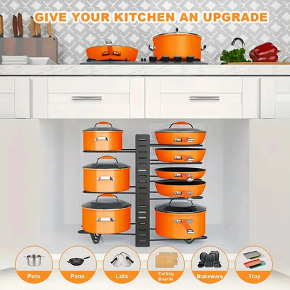Space-Saving 8-Tier Pot Rack Organizer - Durable Metal Holder for Pans, Pots, and Lids to Keep Your Kitchen Neat and Tidy