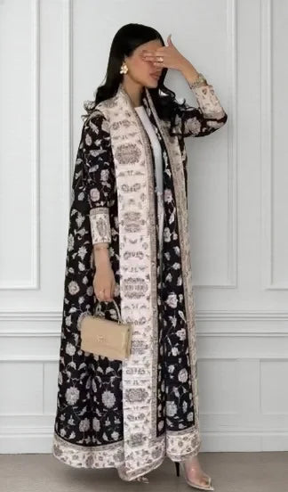 Women's Fold Miyake Pleated Abaya Long Sleeve Print Foldable Collar Robe Cardigan Coat New Winter Fashion Original Design 2024 - Smarsty