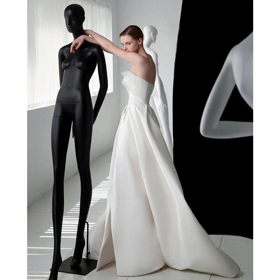 French Luxury White Satin Trailing Wedding Dresses for Bride 2025 Women Elegant Sexy Strapless Long Prom Party Dress vestidos