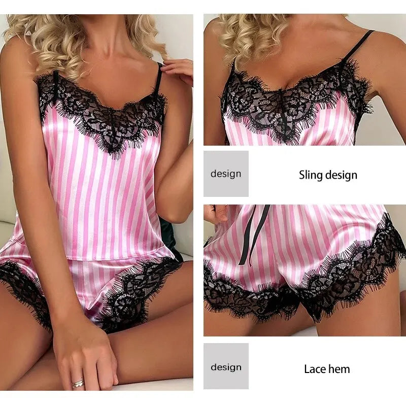 Two Piece Women's V-Neck Sexy Lace Suspender Pajama Shorts Set Casual Women's Sleeveless Sexy Pajama Set - Smarsty