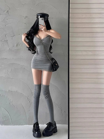 Y2K Retro Lace Patchwork Spaghetti Strap Black Bodycon Dress Mini Fashion Aesthetic Bow Club Party Sexy Dresses for Women - Smarsty