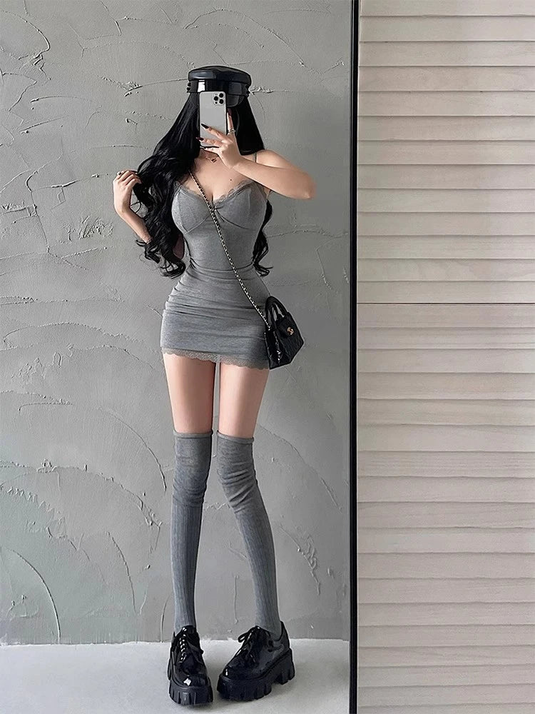 Y2K Retro Lace Patchwork Spaghetti Strap Black Bodycon Dress Mini Fashion Aesthetic Bow Club Party Sexy Dresses for Women - Smarsty