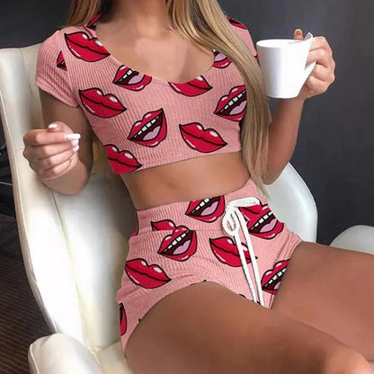 Summer Short Sexy Casual Lips Print Female Sleepwear Suit Pajamas Top+Pants Skinng Women Homewear Underwear - Smarsty