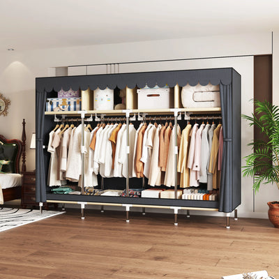 Heavy Duty Fabric Wardrobe 78.7x17.7x66.9in - 4 Hanging Rods & 4 Storage Spaces, 16mm Metal Frame with Thick Dust Cover - Smarsty