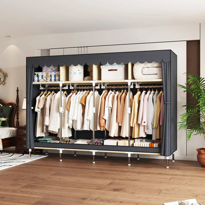 Heavy Duty Fabric Wardrobe 78.7x17.7x66.9in - 4 Hanging Rods & 4 Storage Spaces, 16mm Metal Frame with Thick Dust Cover