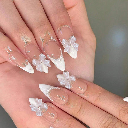 24PCS French Almond Fake Nails with Pearl Trim - Smarsty