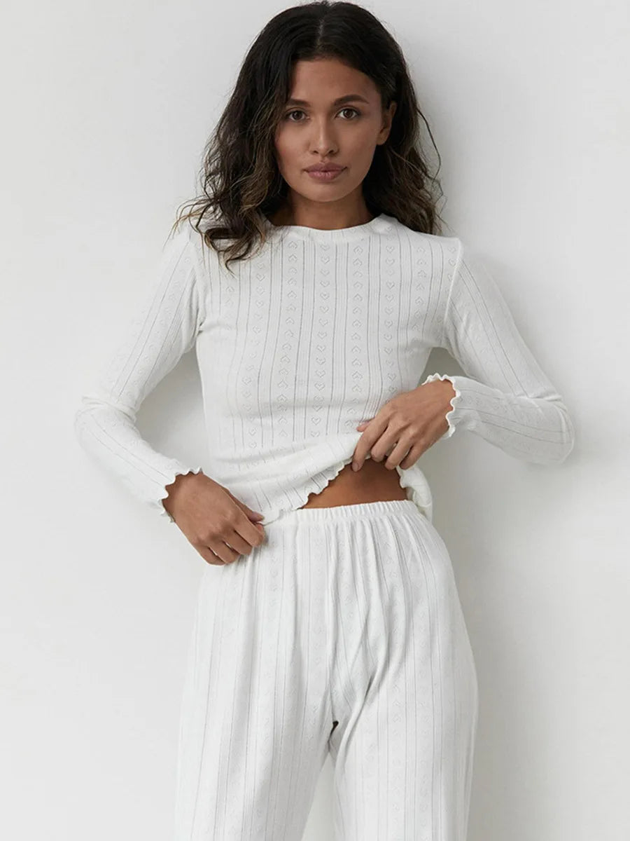 Mozuleva Love Jacquard Long Sleeved Pajamas Set Women's Spring Knitted Cardigan Pants Pajamas Comfortable Women Home Clothes - Smarsty