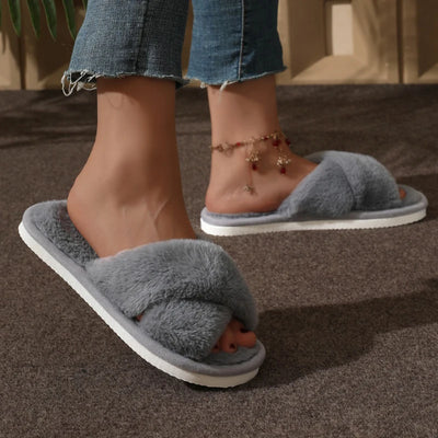 Cross Warm Fluffy Furry Slippers Women Lightweight Flat Heels Fur Slides Woman Autumn Winter Open Toe Non Slip Home Floor Shoes - Smarsty