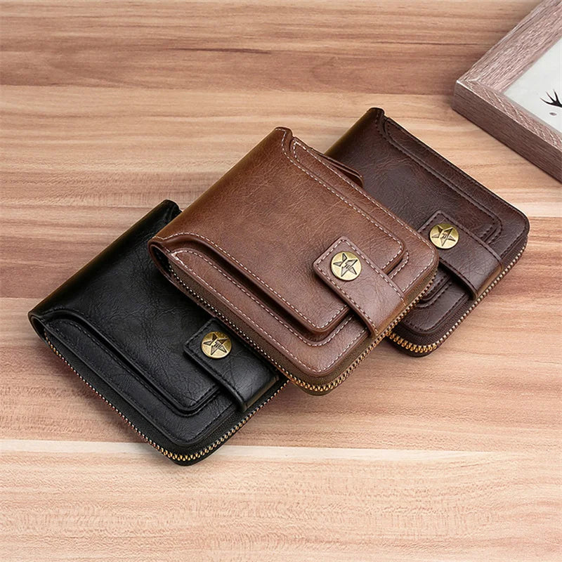 Vintage Men's Wallet PU Leather Short Purse Men Hasp Zipper Clutch Solid Color Wallets High Quality Durable Convenient Wallets - Smarsty