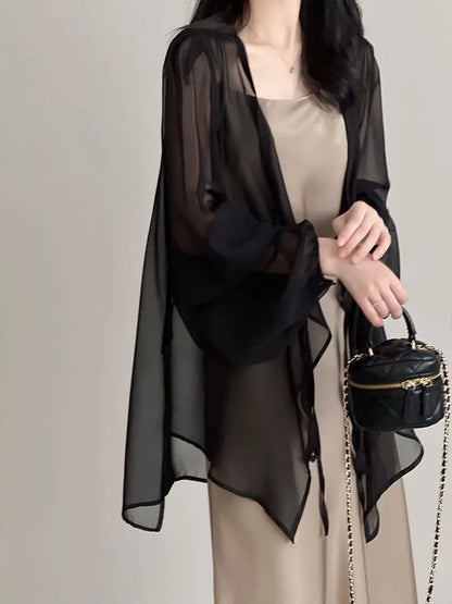Shirts Women V-neck Loose Long Sleeve Open Stitch Korean Style Lace-up Simple Solid Summer Chiffon Breathable Minimalist Stylish - Smarsty