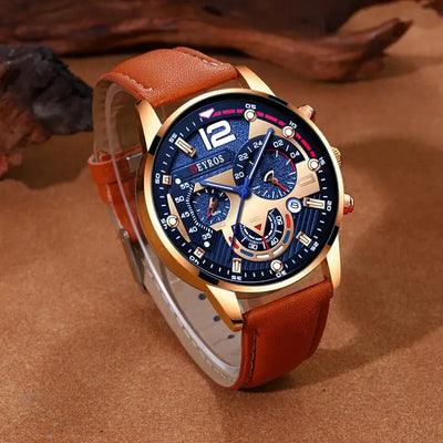 Luxury Men's Quartz Watch Set with Brown Leather Band - Smarsty