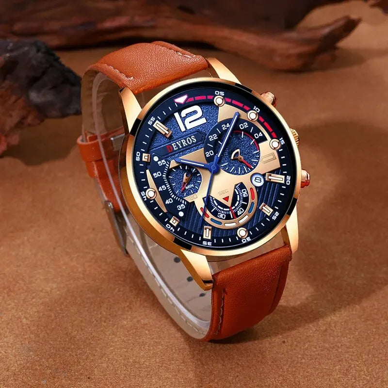 Luxury Men's Quartz Watch Set with Brown Leather Band - Smarsty