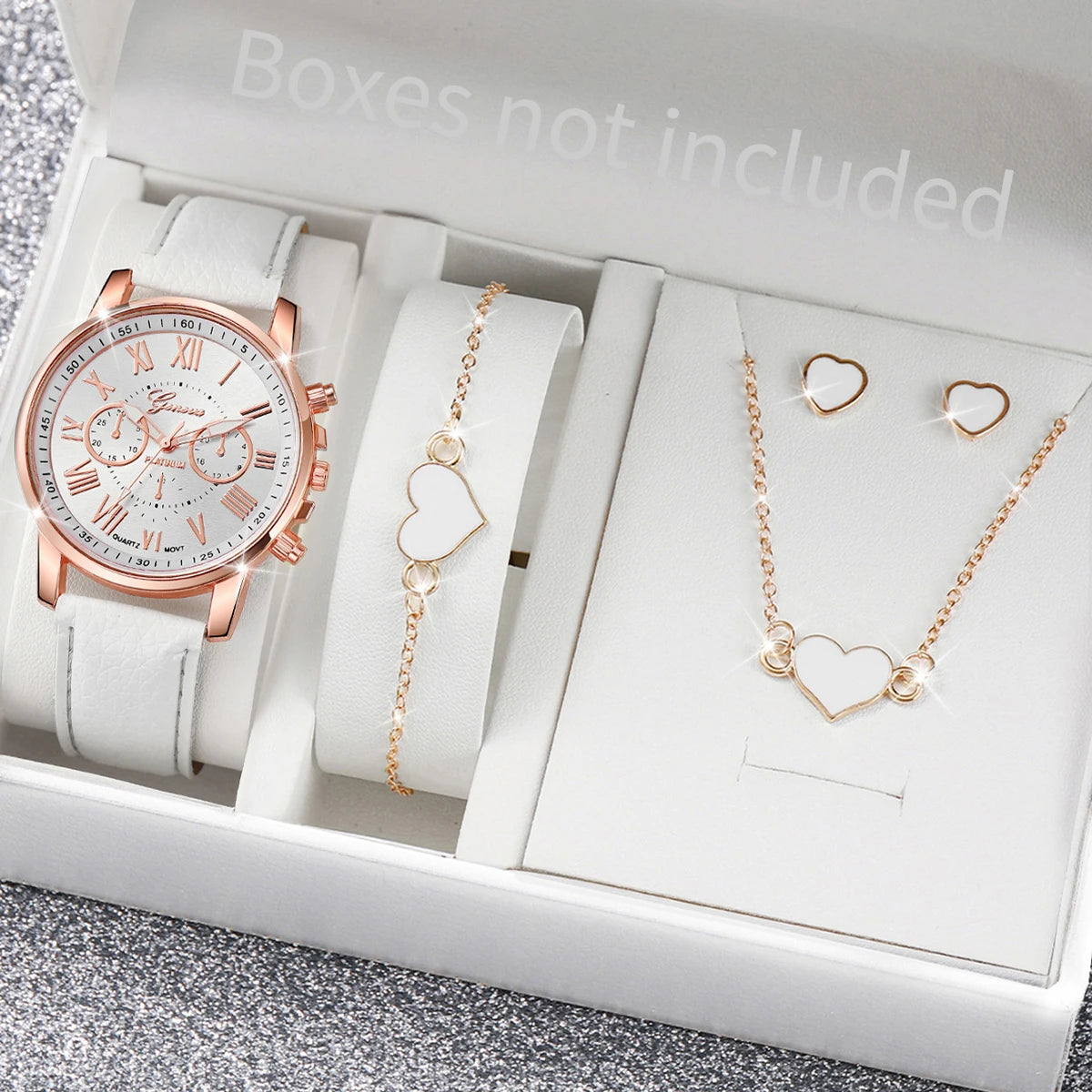 5/6PCS Fashion Women's Quartz Watch Leather Band Analog Wrist Watches Heart Rhinestone Jewelry Set(Without Box) - Smarsty