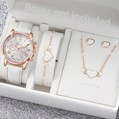 5/6PCS Fashion Women's Quartz Watch Leather Band Analog Wrist Watches Heart Rhinestone Jewelry Set(Without Box) - Smarsty