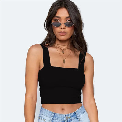 Square Neck Sleeveless Summer Crop Top White Women Black Casual Basic T Shirt Off Shoulder Cami Sexy Backless Tank Top - Smarsty