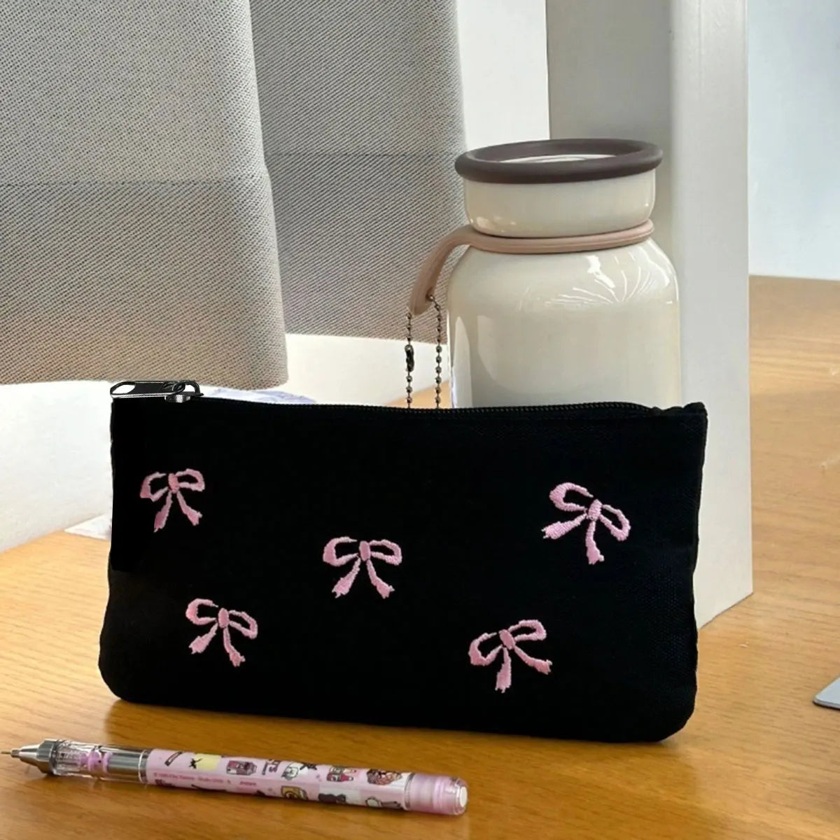 Elegant Bow Embroidery Cosmetic Bag Canvas Pen Case - Smarsty