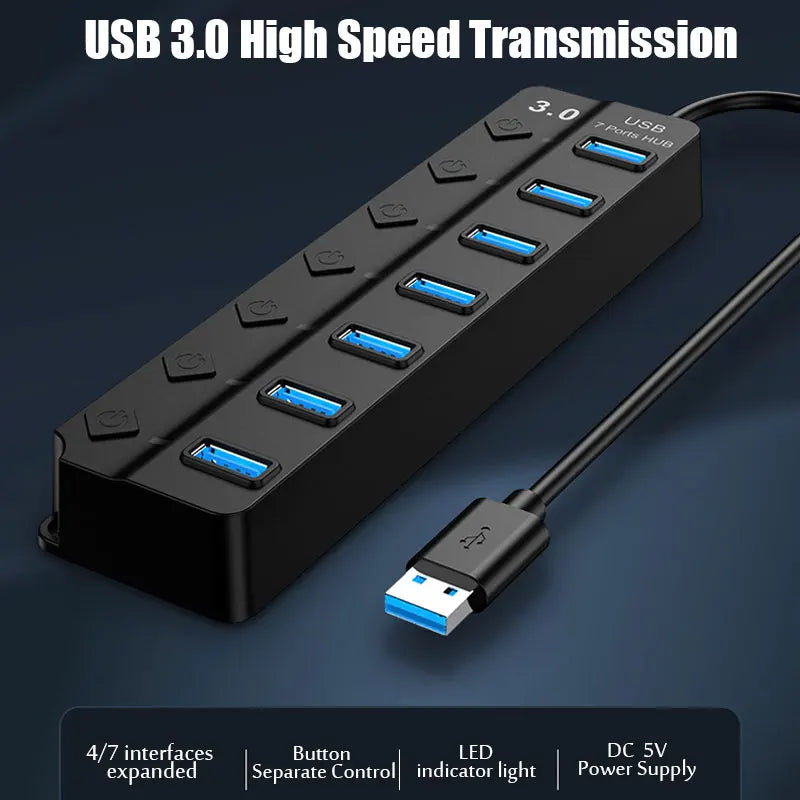 USB 3.0 Hub 4/7 Port Multiport Cable High Power Adapter
