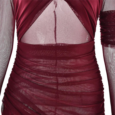Mozision Mesh Ruched Sexy Maxi Dress For Women Fashion Zipper Patchwork See Through Long Sleeve Elegant Club Party Long Dress - Smarsty