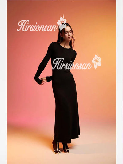 Hirsionsan Spring Autumn O-Neck Elastic Knit Long Dresses Women 2024 Elegant Chic Soft Lady Hollowing Sweater Dresses Femme New - Smarsty