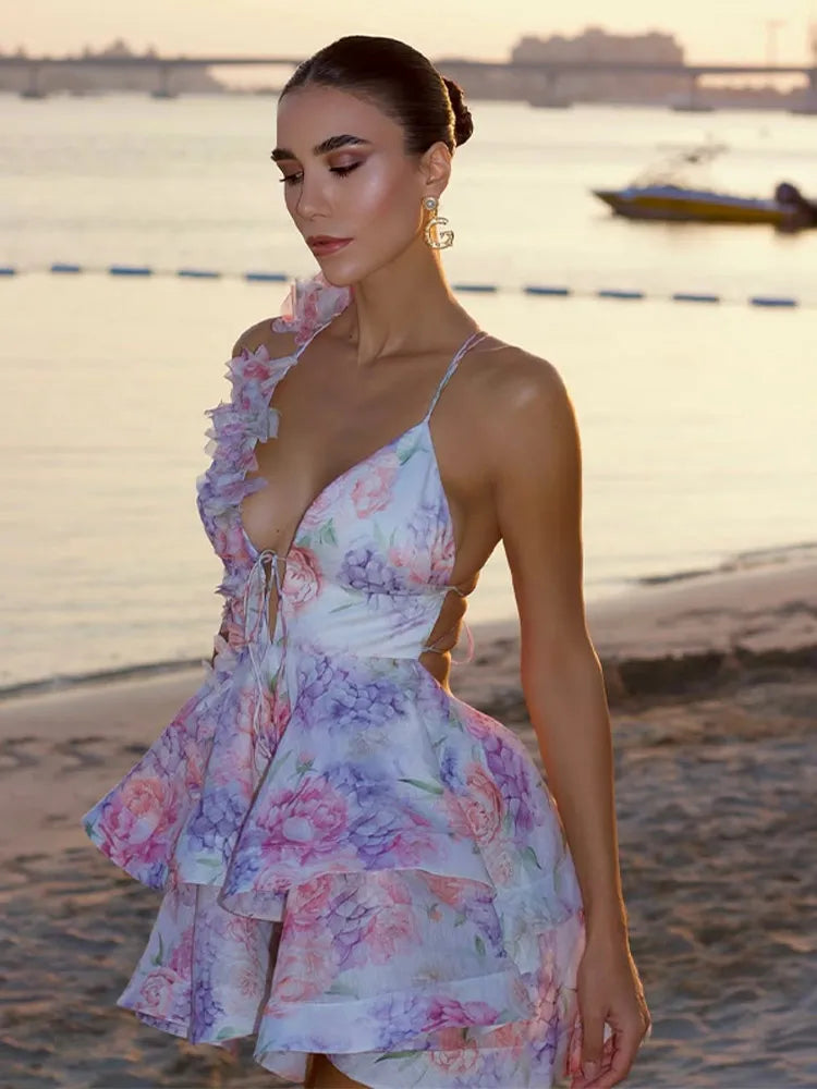 Women Mesh Patchwork Flower Print Mini Dress Elegant V-neck Short Sleeve High Waist A-line Dresses 2025 New High Street Vestidos - Smarsty