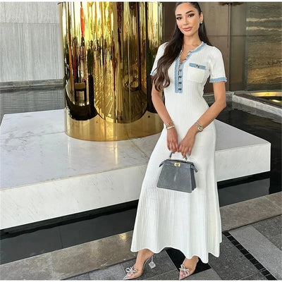 Elegant Contrasting Women Knit Maxi Dress Chic O-neck Short Sleeve Metal Buttons Bodycon Dresses Office Lady Commuting Robe - Smarsty