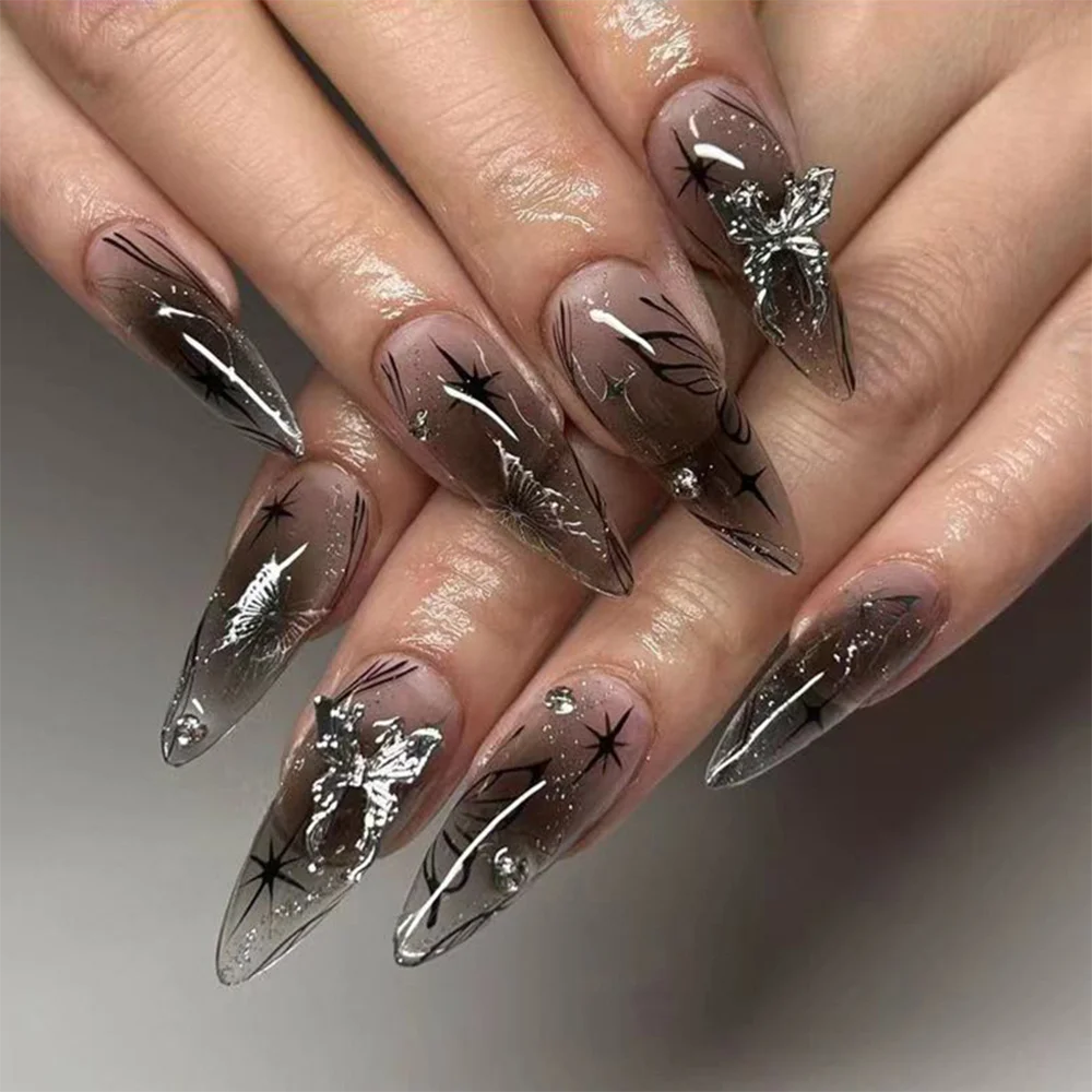 Stiletto Press On Nails Set with Black Silver Bowknot - Smarsty