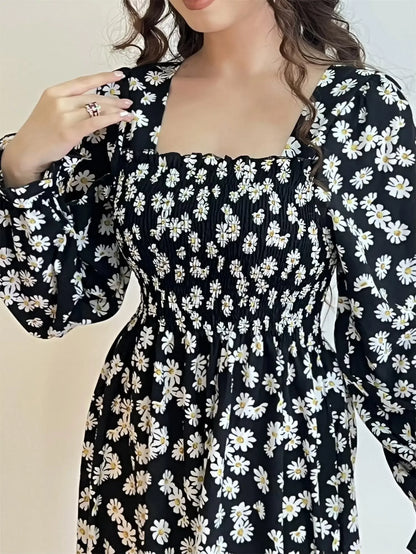 Long Sleeve Casual Dress Women Chiffon Dresses Autumn Spring A-line Printed Floral Elastic Chest Lace Up Midi Dresses Vestidos - Smarsty