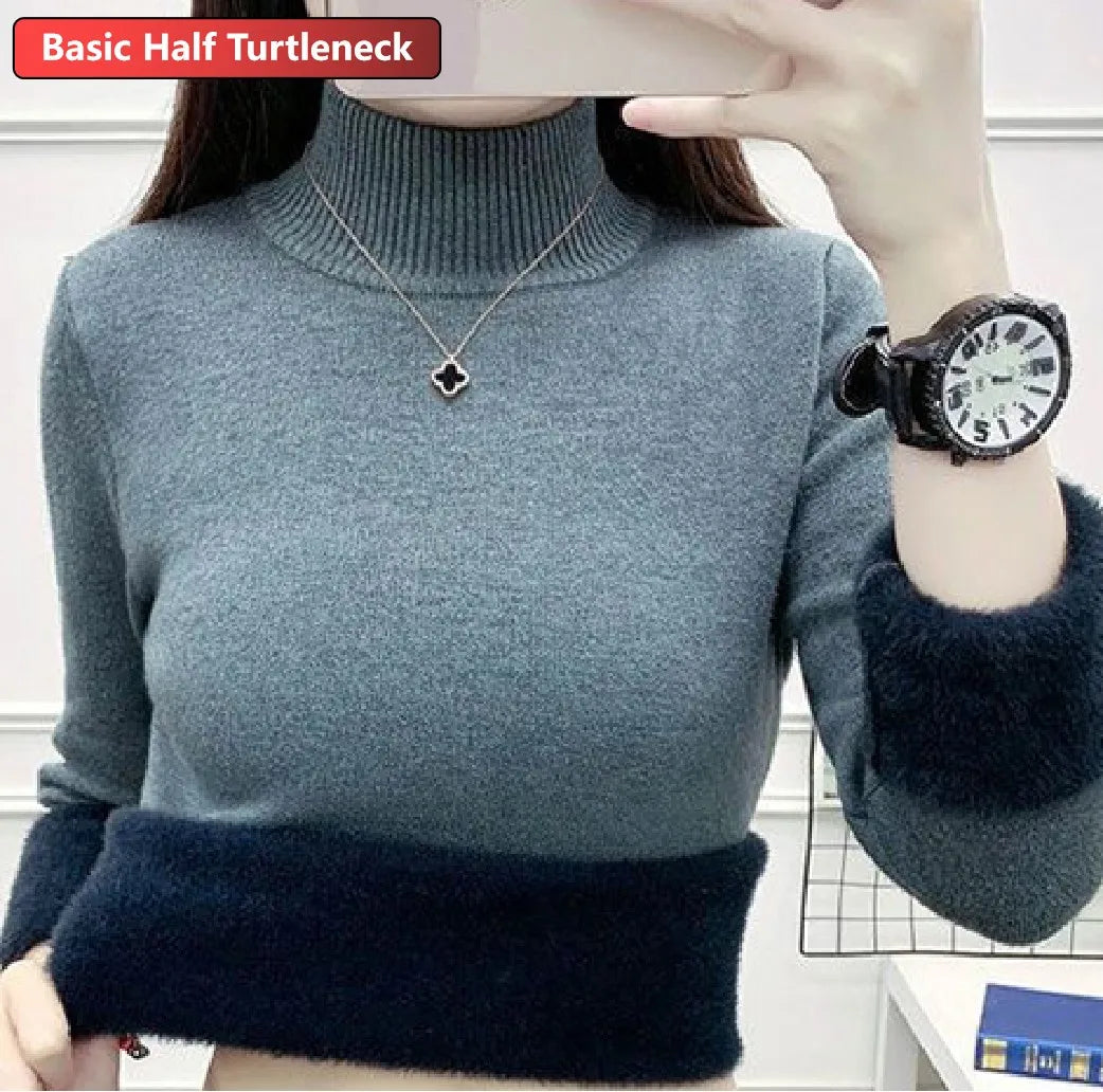 Turtleneck Winter Sweater Women Elegant Thicken Velvet Lined Warm Sueter Knitted Pullover Slim Tops Jersey Knitwear Jumper New - Smarsty