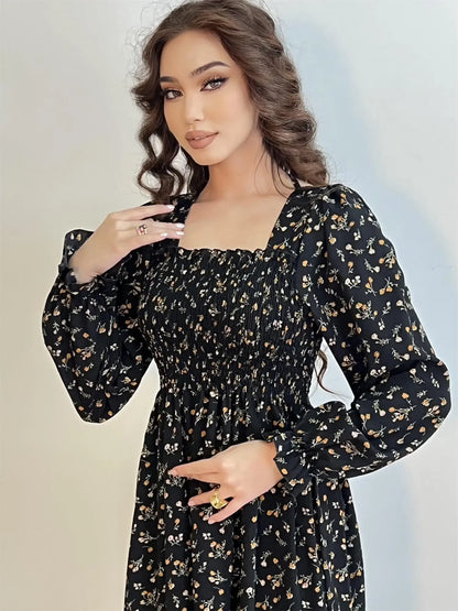 Long Sleeve Casual Dress Women Chiffon Dresses Autumn Spring A-line Printed Floral Elastic Chest Lace Up Midi Dresses Vestidos - Smarsty