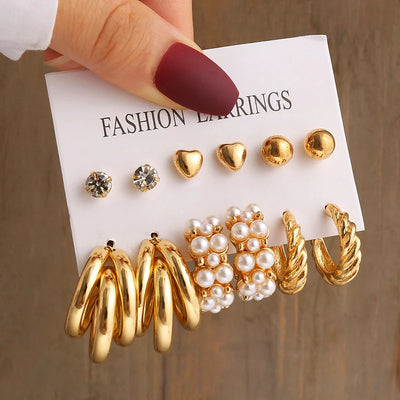 Gold Color Vintage Geometric Pearl Earrings Set For Women - Smarsty