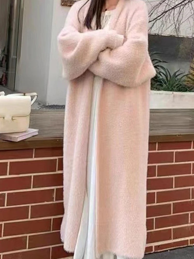 Autumn/Winter Lazy Style Warm Knee Length Thickened Women Cardigan Pure Imitation Mink Fleece Knitted Sweater Women Warm Coat - Smarsty