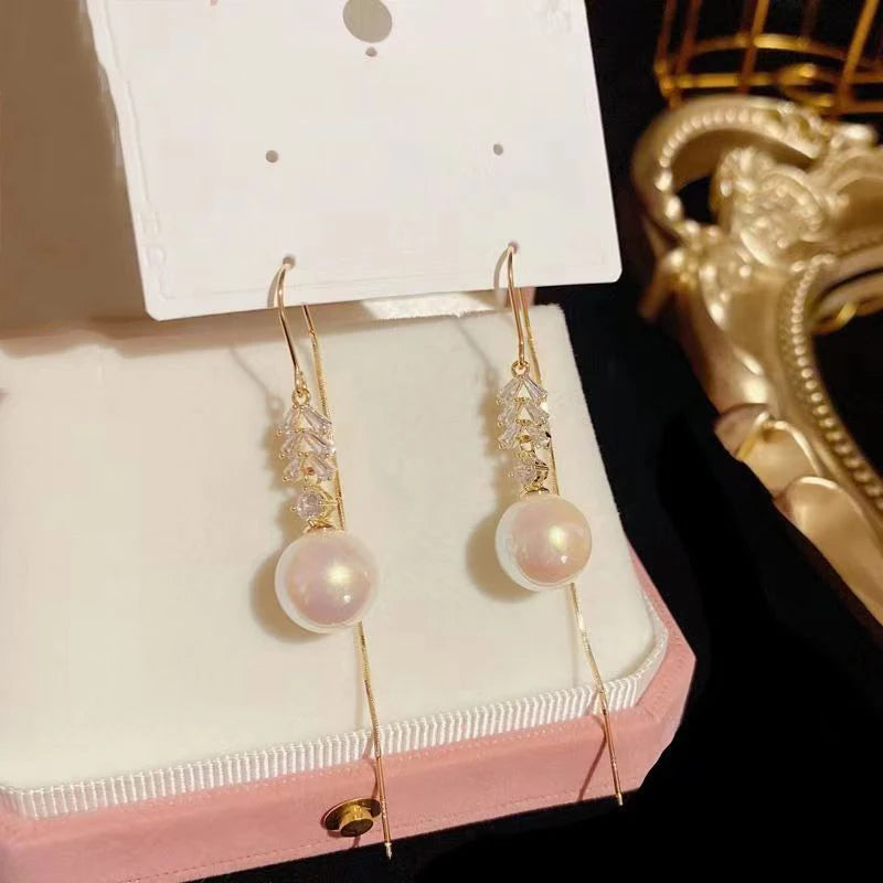 Korean Pearl Tassel Drop Earrings for Women with Zircon Detail - Smarsty