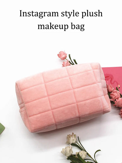 Cute Plush Makeup Bag for Women Portable Travel Small Cosmetic Bags Solid Color Zipper Toiletry Bag Washing Pouch Storage Bags - Smarsty