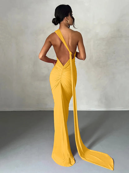 Hugcitar One Shoulder Backless Adjustable Scarf Loop Ruched Sexy Maxi Dress Women Elegant Y2K Streetwear Festival Outfit - Smarsty