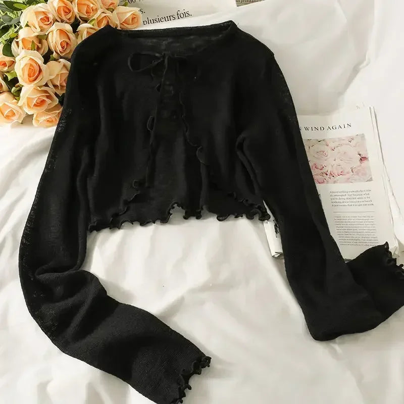 Women Frenum Cardigan Blouses and Tops Bow Lace Up Long Sleeve Crop Top Female Elegant Shirt Thin Aesthetic Clothes Korean Style - Smarsty