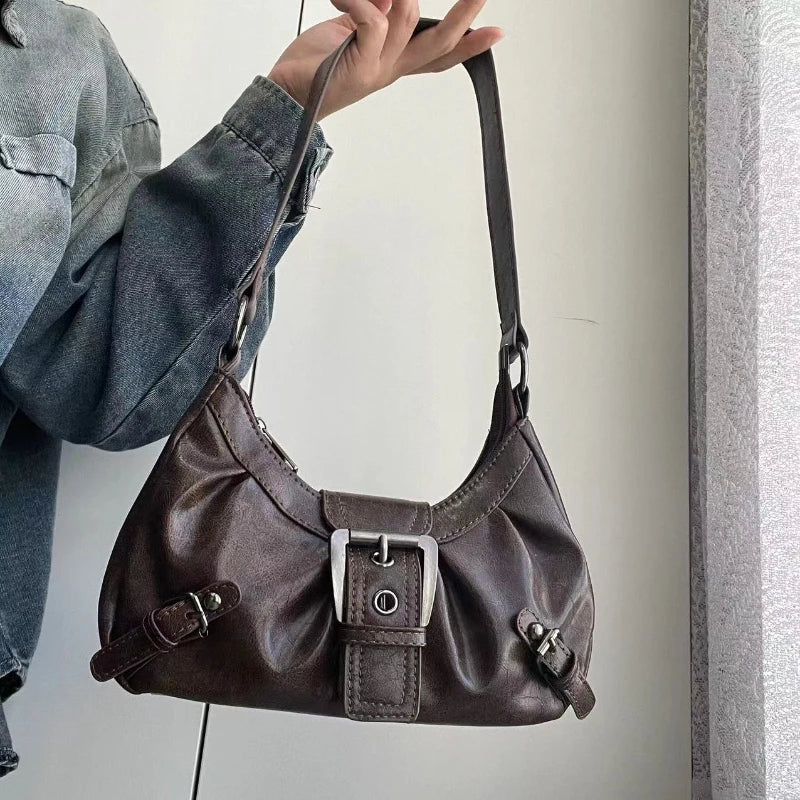 Vintage Leather Shoulder Mini Bag Y2K Wasteland Style - Smarsty