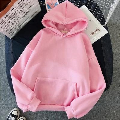 2024Autumn Casual Women's Solid Hoodie Comfortable Strecth Sweatshirts Loose Pocket Warm Clothes Fashion Street Female Pullovers - Smarsty