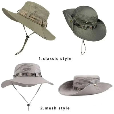 Summer Men Bucket Hat Outdoor UV Protection Wide Brim Panama Safari Hunting Hiking Hat Mesh Fisherman Hat Beach Sunscreen Cap - Smarsty