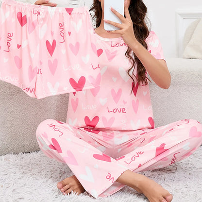 Women's Short Sleeve Crew Neck Top With Shorts And Pants 3 Piece Loungewear Sleepwear Lounge Sets Nighty Print Casual Pajama Set - Smarsty