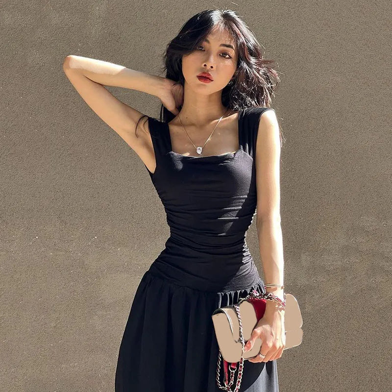 Black Wide Strap Maxi Dress for Women Summer Elegant Temperament High-Waist Party Long Dresses Sexy Ruched Bodycon Midi Dress