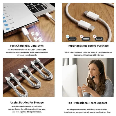 Original 60W PD USB-C USB C Fast Charger Cable For Apple iPhone 17 Air 16 Pro Max 15 Plus Type C Quick Charging Xiaomi Samsung - Smarsty