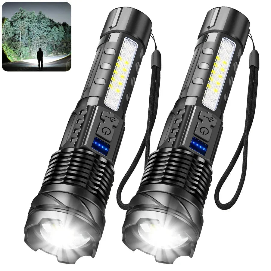 Rechargeable LED Flashlight Zoomable Torch with COB Side Led 7 Modes Waterproof High Power Hand Light Outdoor Wilderness Camping