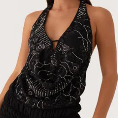Sexy Deep V Neck Beach Tank Tops Women y2k Coquette Summer Sequins Patchwork Sleeveless Vest Vacation Backless Beach Tops - Smarsty