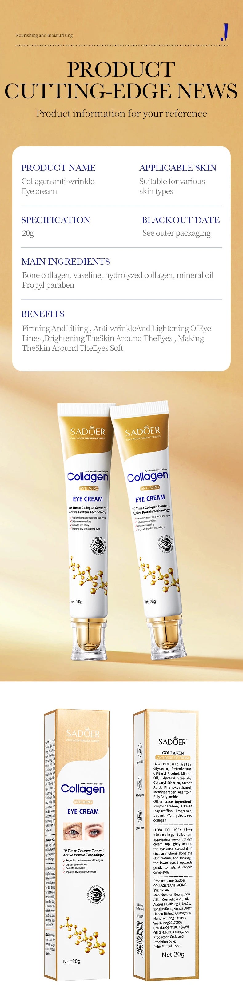 SADOER Collagen Eye Cream for Dark Circles and Puffiness Removal - Smarsty