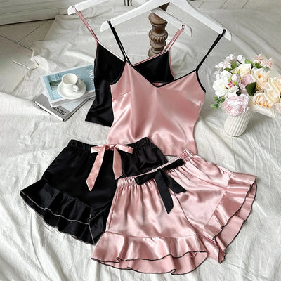 Women's Smooth Satin Pajamas V-Neck T-Shirt Ruffled Edges And Bow Shorts Simple And Breathable Pajama Set Sling Home Clothing - Smarsty