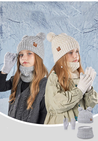 Winter Kids Hat Set Warm Beanie Scarf Gloves Pompom Fleece - Smarsty