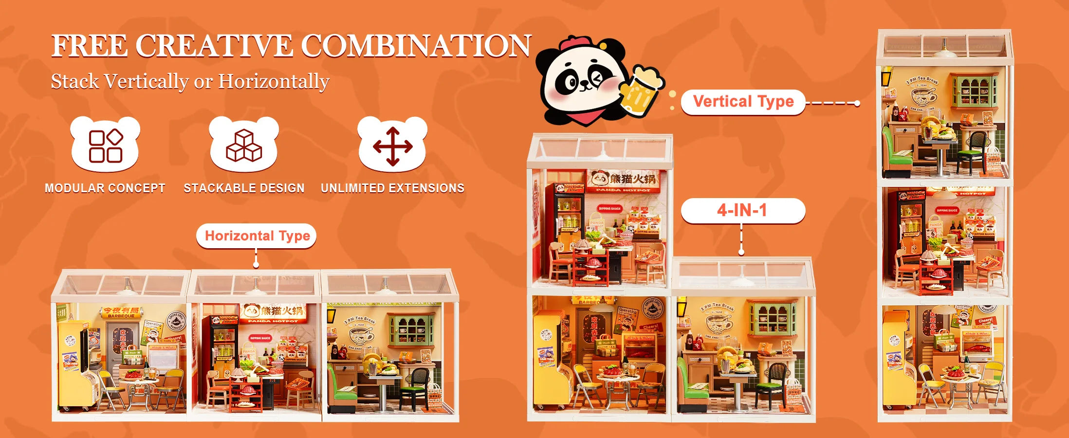 Rolife Panda Hot Pot DIY Modern Miniature Assembly Model Kit Tiny Accessories Themed Diorama For Stress Relief Kids Adults