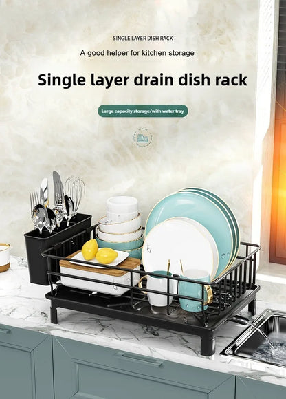 Single Layer Hollow Dish Rack Kitchen Countertop Rack with Drainage Tray Multifunctional Tableware Rack Rust Resistant Durable