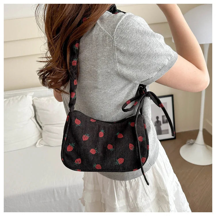 Corduroy Underarm Bag For Women Strawberry Print Mini Tote - Smarsty